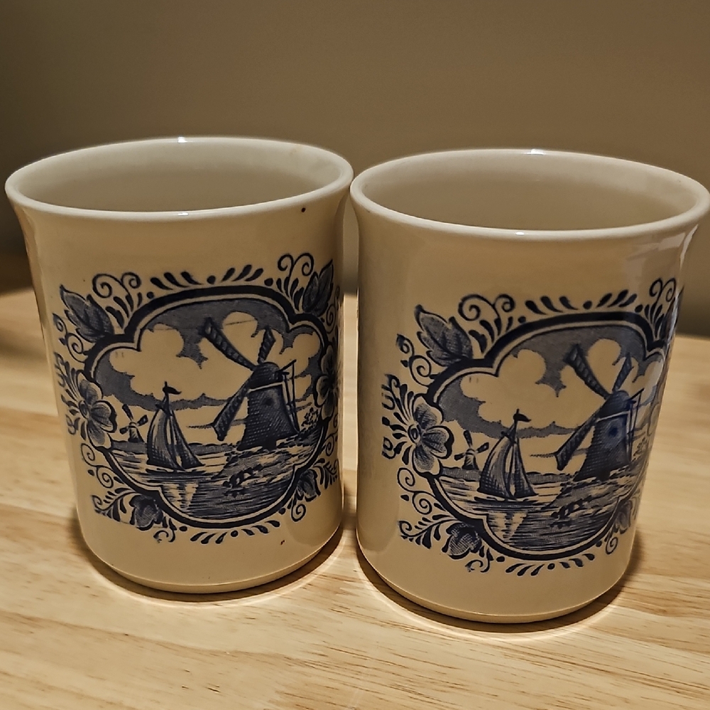 ENGLISH IRONSTONE TABLEWARE Delft Style 9 oz Cup Blue Sailboat/Windmill Design